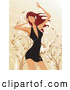 Vector Clipart of a Pretty Young Woman in a Little Black Dress, Dancing with Headphones over Her Ears by OnFocusMedia