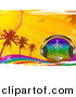 Vector Clipart of a Rainbow Disco Ball with Headphones on a Grunge Rainbow with Palm Trees, Sunshine by Elaineitalia