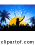 Vector Clipart of a Silhouetted Crowd Dancing to DJ Playing Music in Front of a Golden Disco Ball at Night with Palm Trees by Elaineitalia