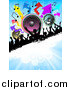 Vector Clipart of a Silhouetted Crowd on a Grunge Bar with Colorful Speakers, Arrows and Music Notes on a Blue Background by KJ Pargeter