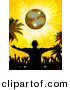 Vector Clipart of a Silhouetted Dj Guy Standing with Crowd of Dancers Under a Golden Disco Ball on a Tropical Beach by Elaineitalia