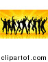 Vector Clipart of a Silhouetted Group of Dancers Against Orange Rays and Music Notes by KJ Pargeter