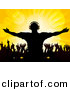 Vector Clipart of a Silhouetted Male Dj at Party with Dancing People over Yellow Background by Elaineitalia