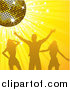 Vector Clipart of a Silhouetted Man and Two Women Dancing Under a Gold Disco Ball on a Sparkling Yellow Background by Elaineitalia