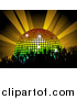 Vector Clipart of a Silhouetted Party Crowd Dancing by a Rainbow Disco Ball Under Orange Lights by Elaineitalia
