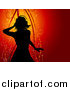 Vector Clipart of a Silhouetted Woman Wearing Headphones and Dancing over a Red Background with Sparkles and Ribbons by KJ Pargeter