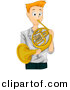Vector Clipart of a Teen Cartoon Boy Playing Gold French Horn Instrument by BNP Design Studio
