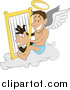 Vector Clipart of a White Male Angel with a Halo and Wings, Sitting on a Cloud and Playing a Harp by AtStockIllustration