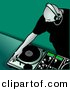 Vector Clipart of a Young Bald Male DJ Putting Record on Turntable - Green Background by Dero