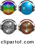 Vector Clipart of Four Shiny Disco Balls Wearing Headphones by Elaineitalia