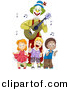 Vector Clipart of Happy Cartoon Kids Dancing with Clown Playing Guitar by BNP Design Studio
