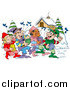 Vector Clipart of Happy Elves Walking Through a Winter Village and Listening to Christmas Music on CD Players by LaffToon