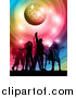 Vector Clipart of Silhouetted Dancers Under a Sparkly Disco Ball with Colorful Swirls by KJ Pargeter