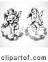 Vector Clipart of Two Angels, One Playing Music, While Floating on Clouds - Black and White by BestVector